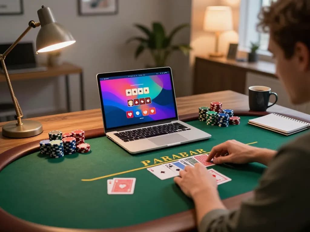 Person playing poker on a laptop in a cozy home office, experiencing gaming excitement with o8net3