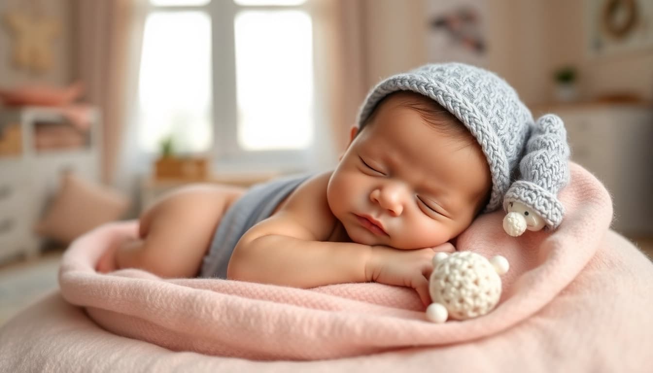 Behagliches Neugeborenen Babyshooting mit einem schlafenden Baby in sanften Farben.