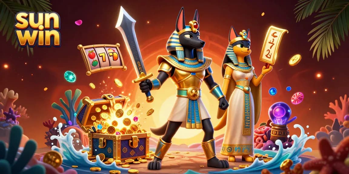 Experience thrilling gameplay with sun win, featuring Anubis and Bastet amidst slot reels and shimmering treasures.
