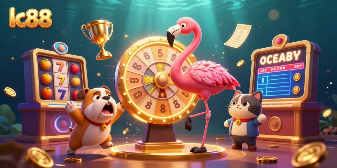 Spin big wins with lc88 slots showcased by a game show host flamingo in a vibrant casino scene.