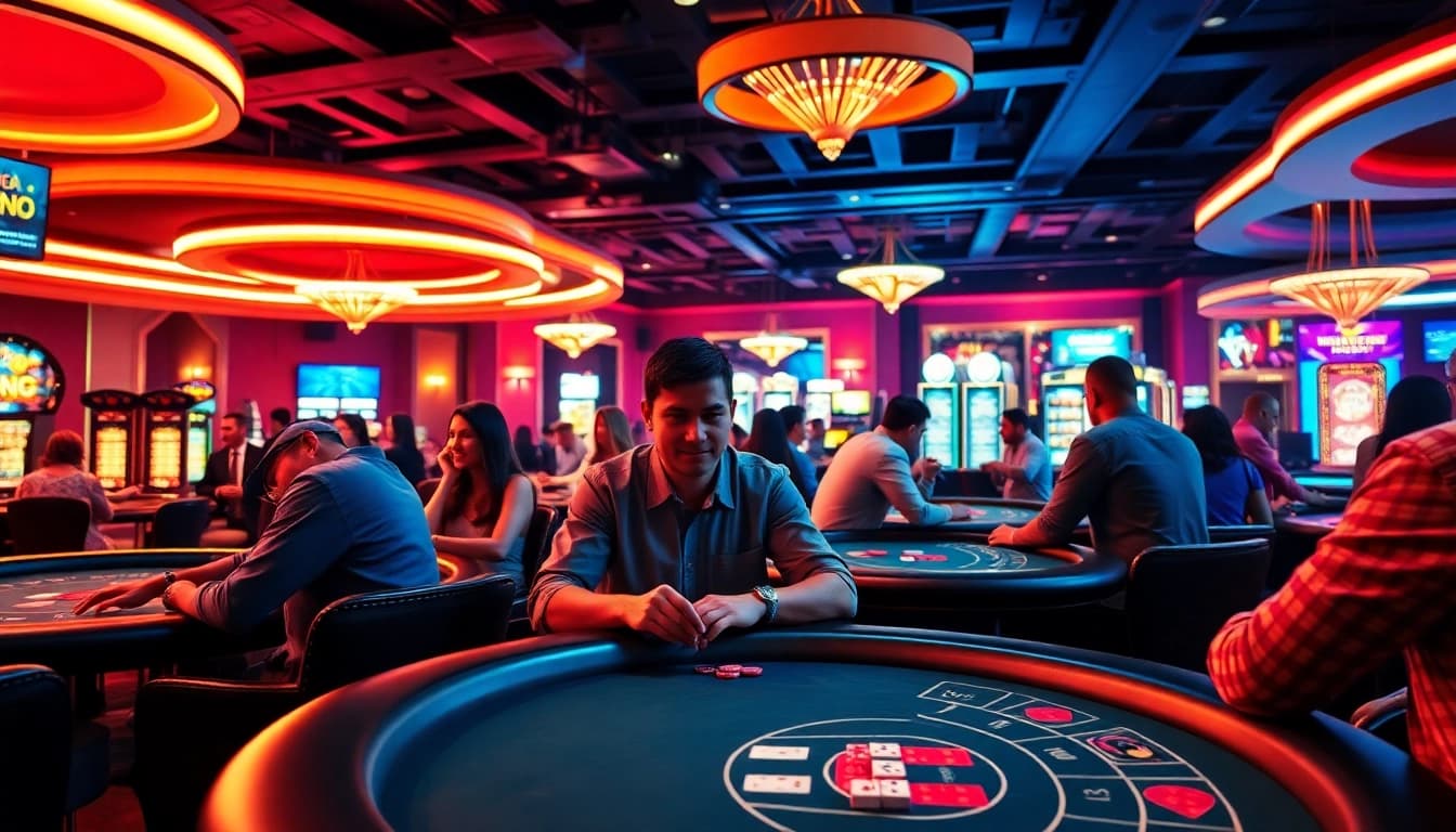 Az online casino játékosai izgalmas környezetben játszanak, élénk fényekkel.