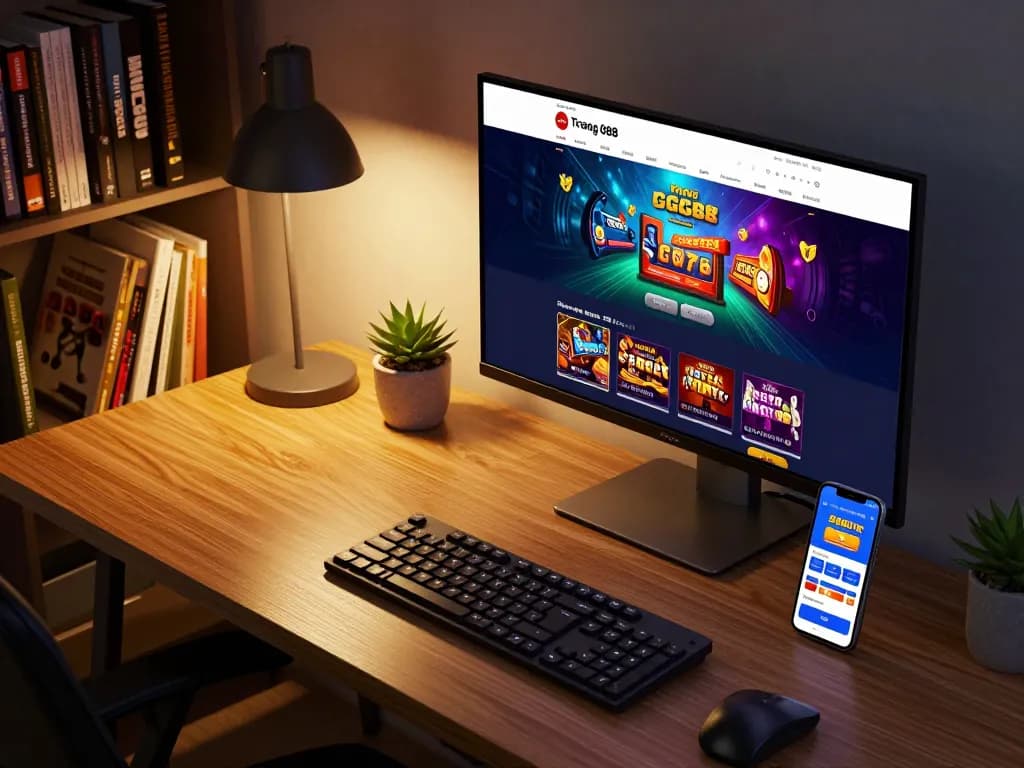 Engaging home gaming scene featuring the Trang chủ GG88 website displayed on a desktop, showcasing casino games and betting options.