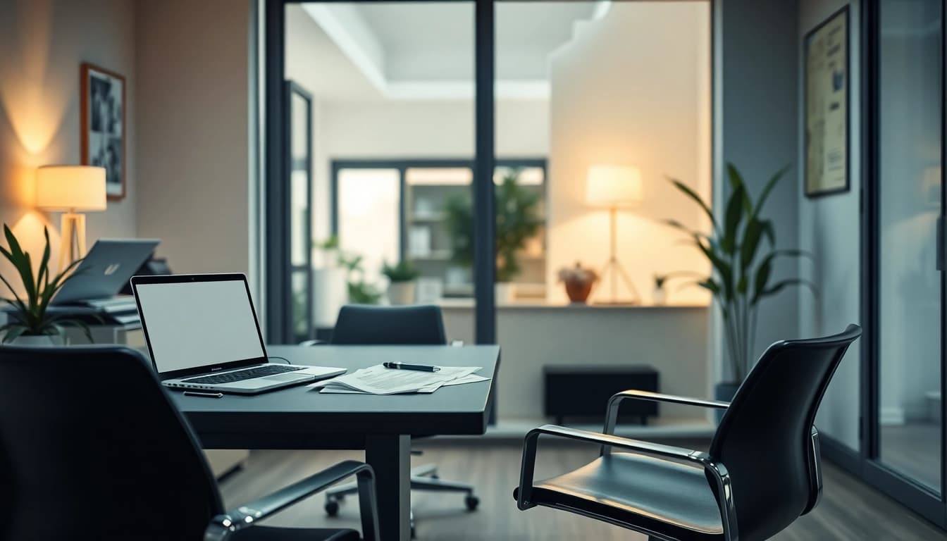Pflegedienst gründen: Ein inspirierendes Büro zur Gründung eines Pflegedienstes mit Laptop und Dokumenten.