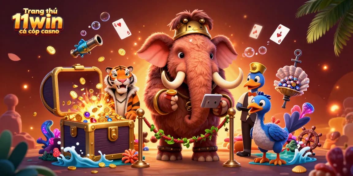 Engage with Trang chủ 11win cá cược casino through vibrant 3D illustrations of unique characters and casino elements.