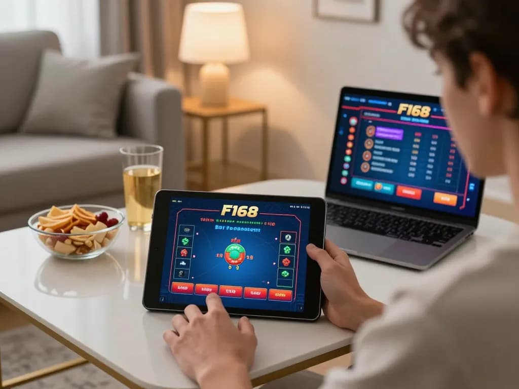 Experience gaming versatility with F168 on a tablet during a cozy session at home, showcasing online poker plays.