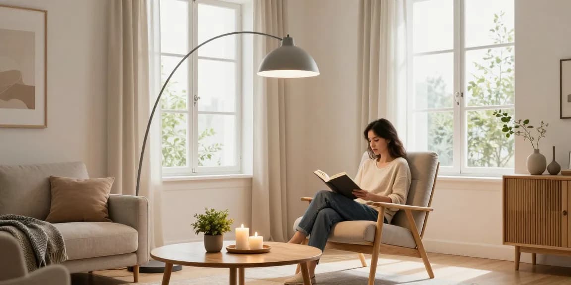 Gemütliches Wohnzimmer mit Skandinavischen Bogenlampen, die eine ruhige Leseecke beleuchten.