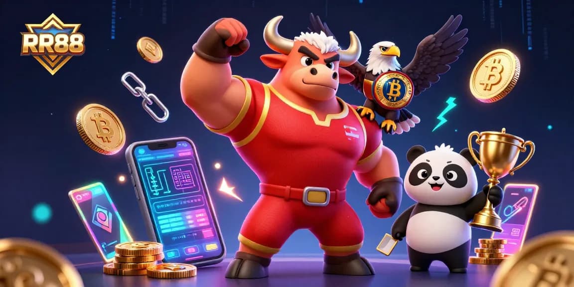 Join the RR88 excitement with a dynamic casino scene featuring a muscular bull mascot and a champion eagle.