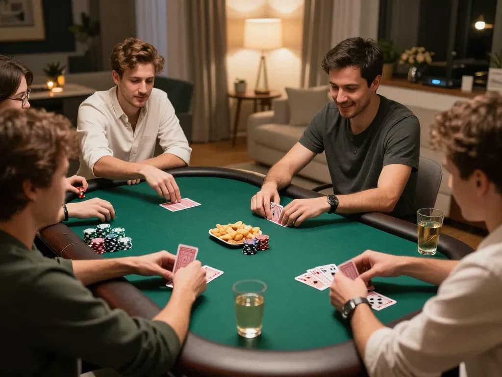 Engaged friends playing poker at home, showcasing the Soibet experience with chips and cards in action