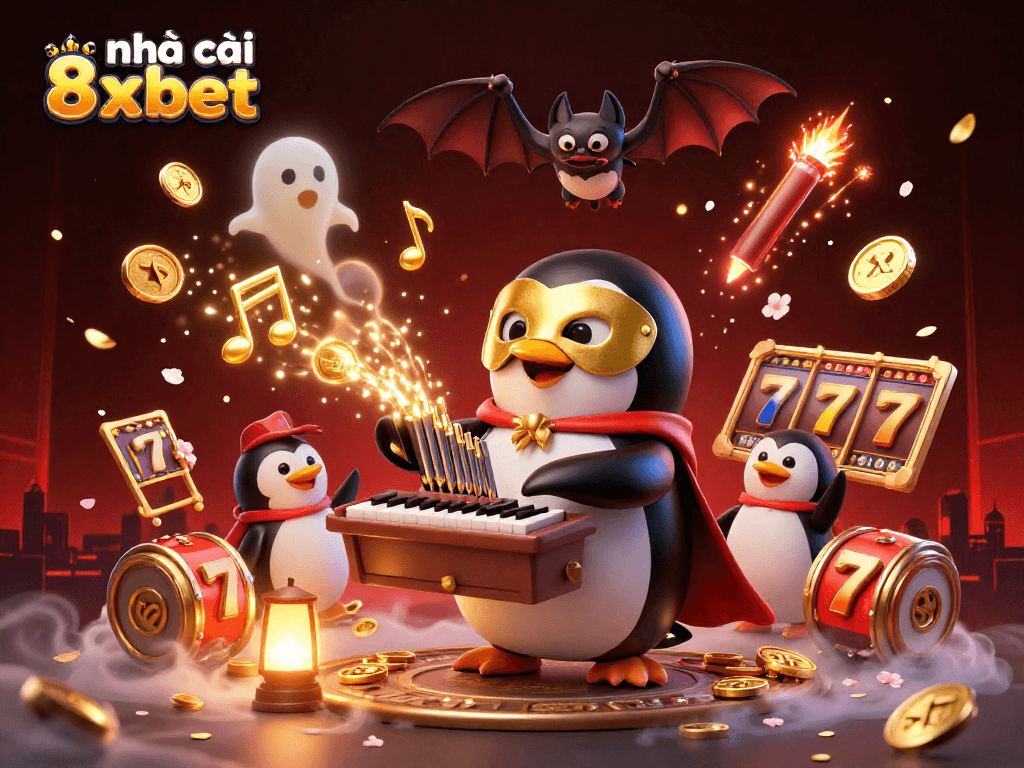 Engage with the dynamic world of nhà cái 8xbet showcasing a penguin organist, golden coins, and festive gambling elements.