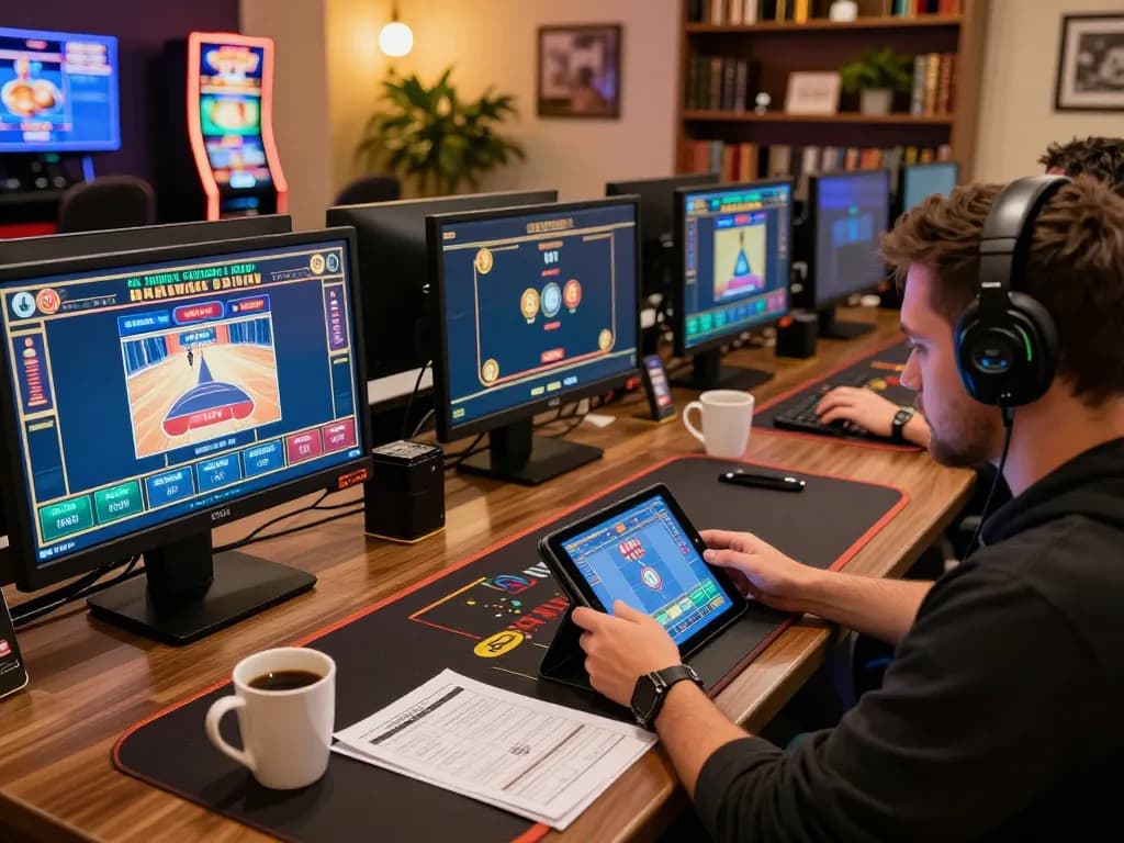 GO8 online casino player engaged in gameplay with multiple screens streaming live dealers and slots, emphasizing strategic entertainment.