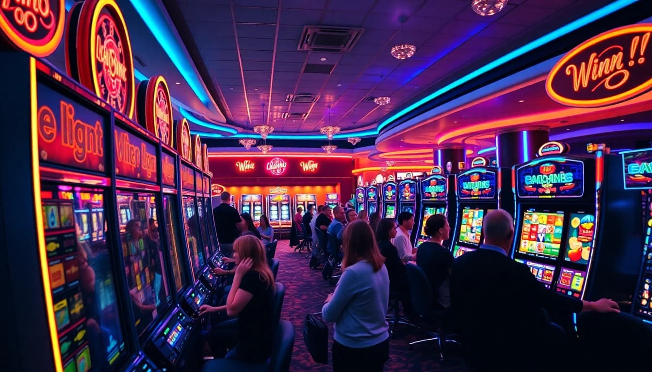 Casino Bonus ohne Einzahlung Deutschland: Entdecken Sie lebhafte Spielszenen in einem modernen Casino mit strahlenden Lichtern.