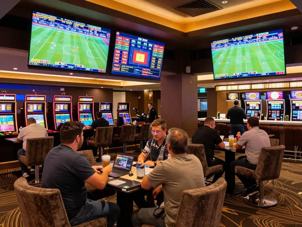 Engaged bettors at MK8 sportsbook analyzing odds and placing bets on live sports