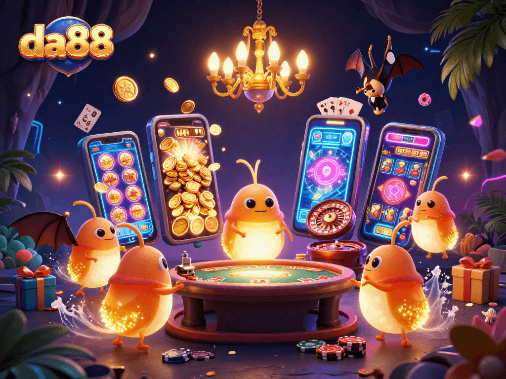 Experience the excitement of da88 with glowworms illuminating a vibrant cave casino scene.