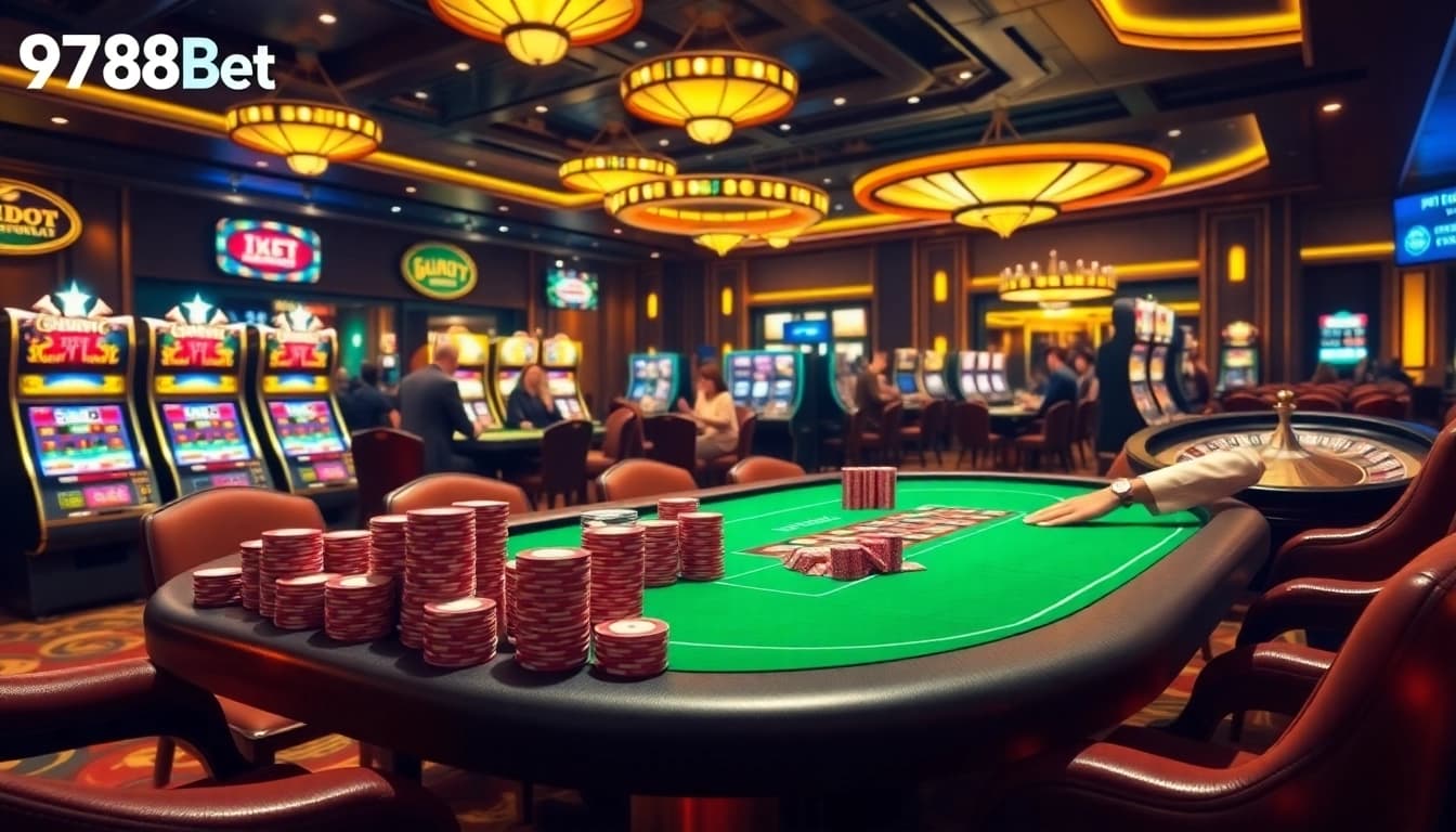 Experience the thrill at 9789bet.com with an exciting casino scene featuring poker chips and a roulette wheel.