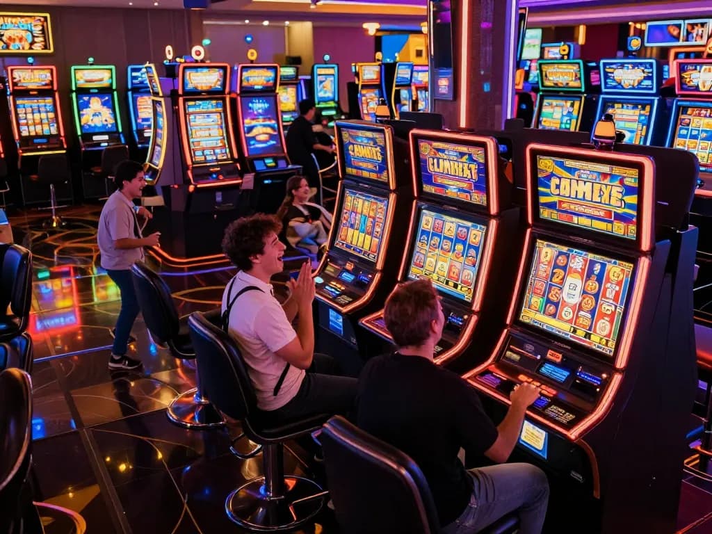 Players celebrating wins at vibrant slot gacor machines in a lively casino atmosphere.