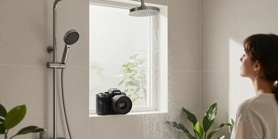 Luxe douche set gepresenteerd in een moderne badkamer met serene ambiance.