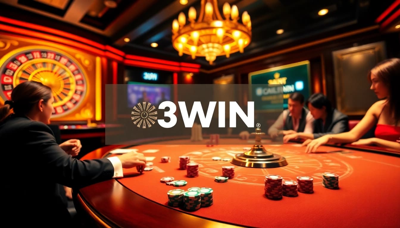 Players engaging in an exciting casino game at a table with 3WIN branding, vibrant chips, and cards.