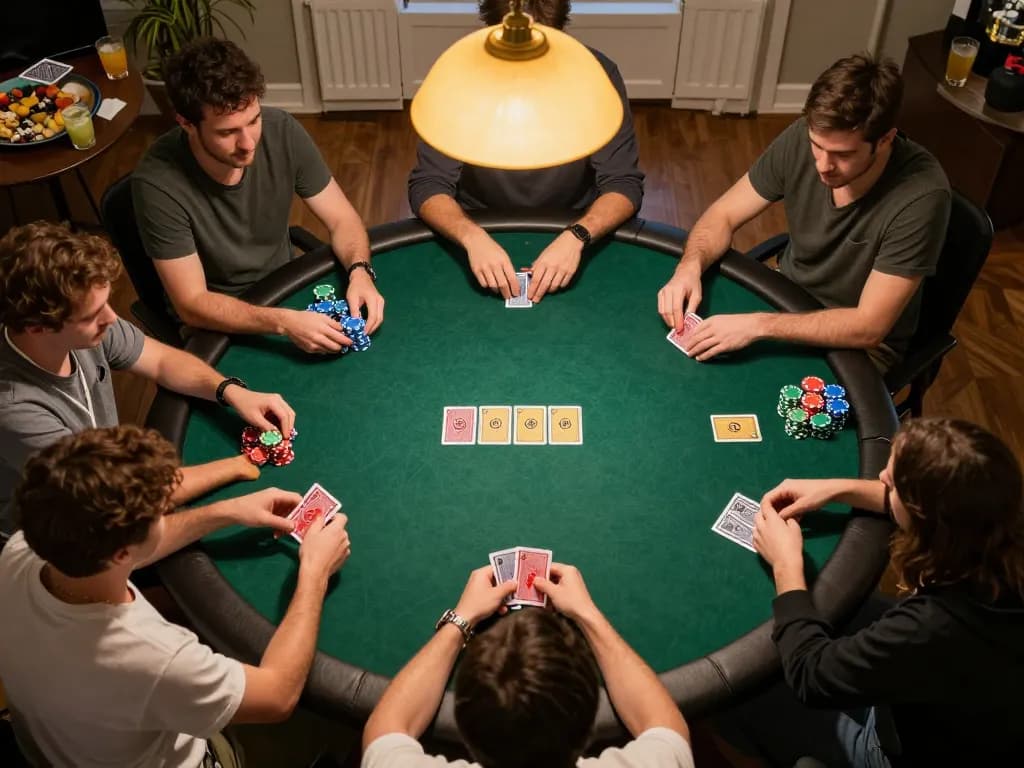 Players enjoy an exciting poker game at home, showcasing 99win strategies and social interaction.