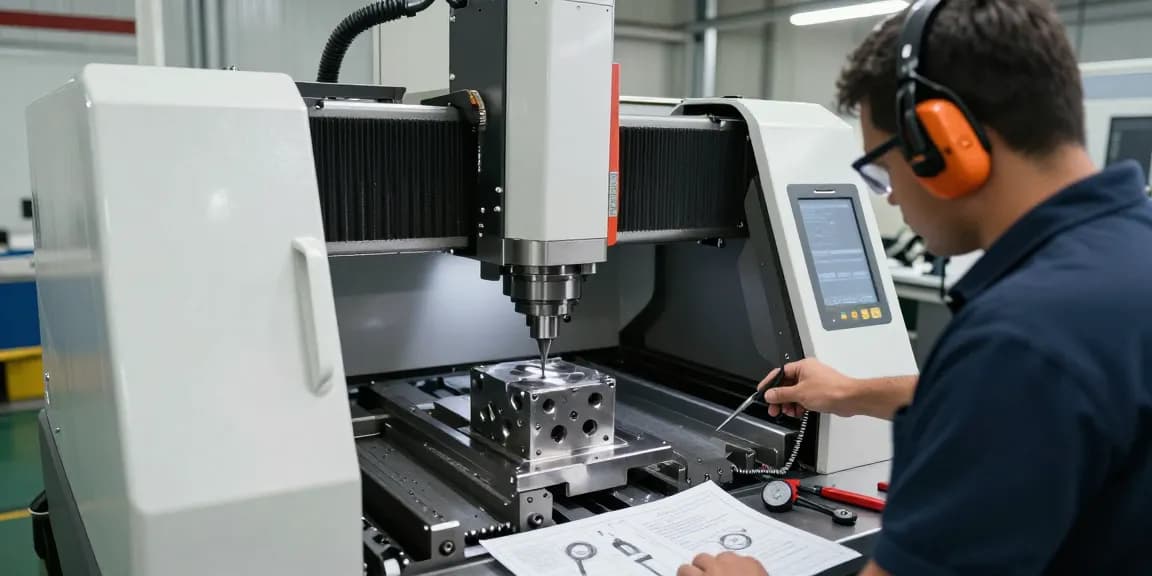 CNC-Fräsen in einer modernen Werkstatt mit einem Techniker, der präzise Metallteile bearbeitet