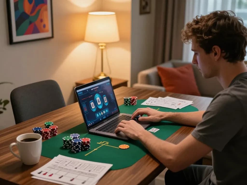 Engaging online poker gameplay on laptop showcasing iwin entertainment in a cozy home setting.
