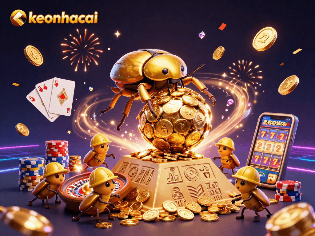 Engage in winning strategies at keonhacai with a vibrant casino-themed 3D illustration.