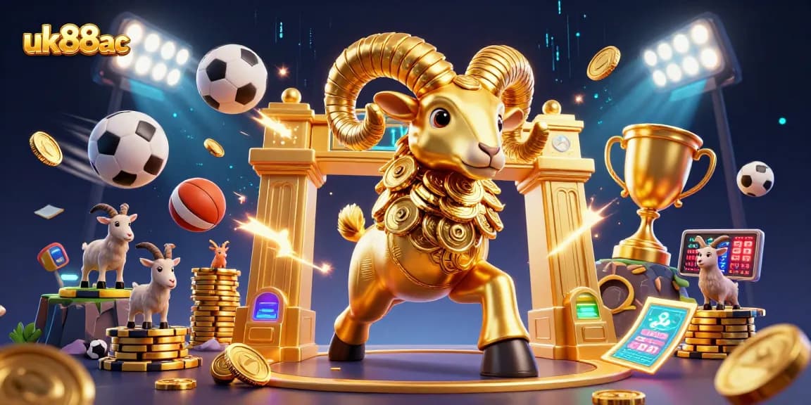 Experience the thrill at uk88ac with a cartoon ram charging through sports action and gold coins.