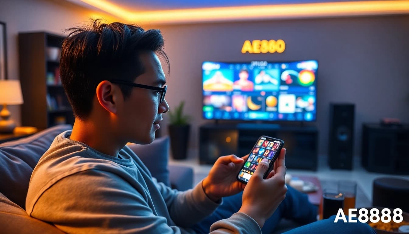 Experience the excitement of AE888 online gaming in a cozy home setup with dynamic visuals.