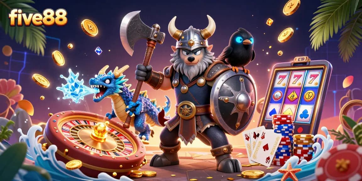 Experience fun with five88, a thrilling casino scene featuring a Viking warrior and a fierce dragon.