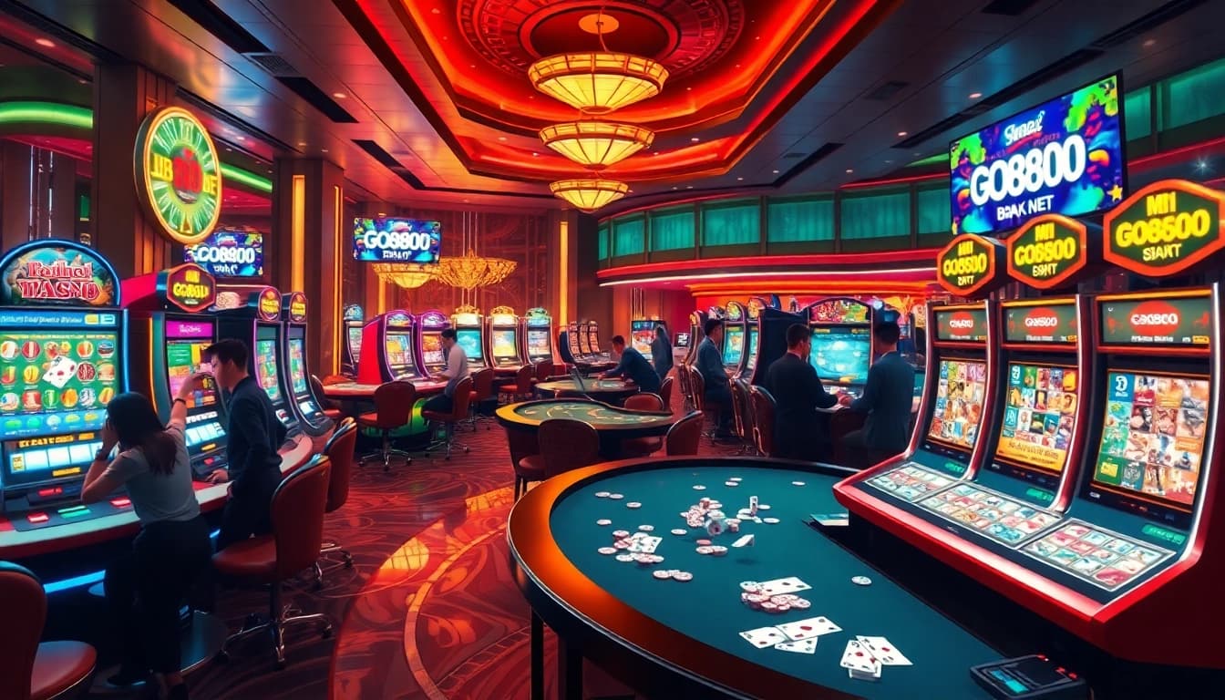 Experience the excitement of online gambling at go888.jp.net with vibrant tables, slot machines, and poker chips.