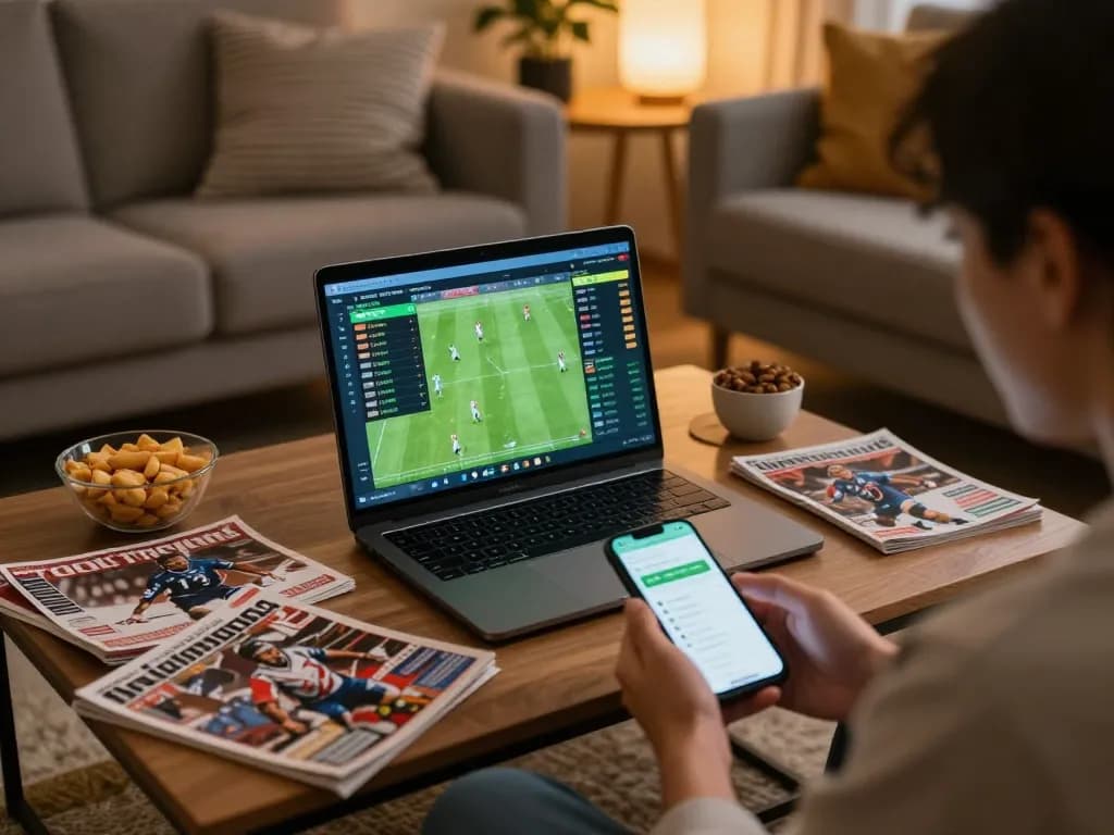 Engaged inแทงบอล strategies, a player reviews sports match statistics at home with betting apps.