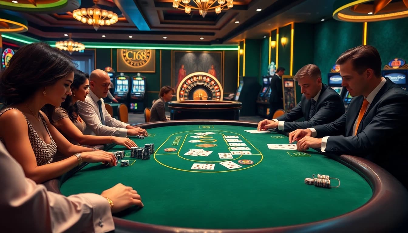 Engaging players at a luxurious poker table in a casino featuring C168 chips and vibrant game elements.