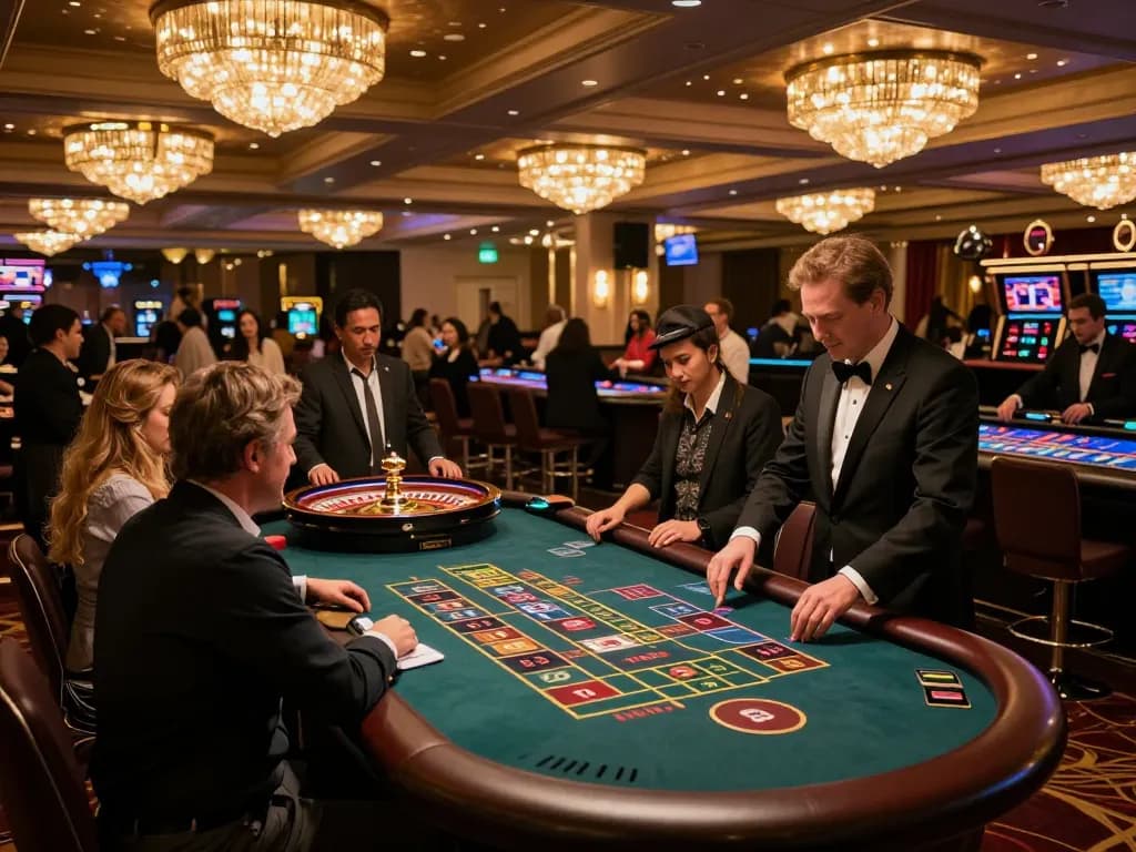 Players engaging in strategic roulette gameplay at an upscale casino illuminated by vibrant lights, nohu.