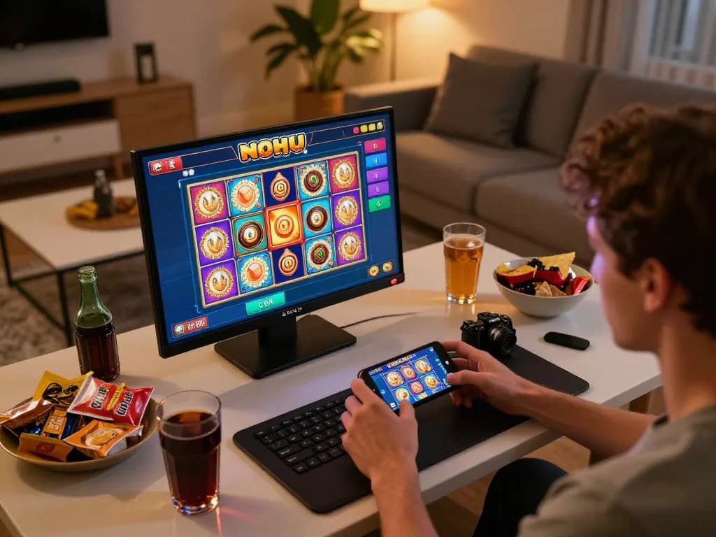 Play Nohu slots game on smartphone while enjoying snacks and drinks at home.