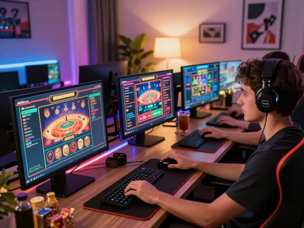 Engaging online gaming session featuring hm888 with multiple casino games on screens, showcasing a vibrant setup and responsible entertainment.