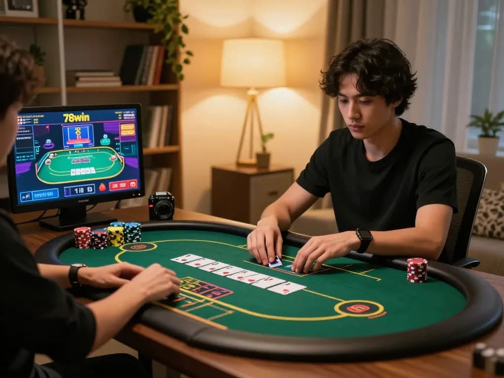 Engaged player uses tablet for online casino gaming at home, showcasing 78win's gaming interface.