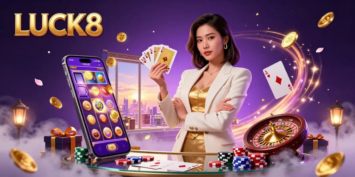 LUCK8 showcases a glamorous Asian woman confidently holding a golden deck of cards amidst lively casino elements.