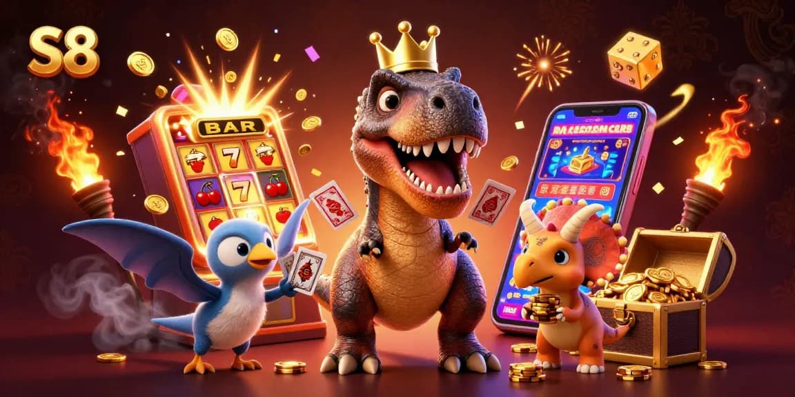 S8 casino scene with T-Rex shuffling cards, Pterodactyl assisting, and Triceratops stacking chips amid a jackpot explosion