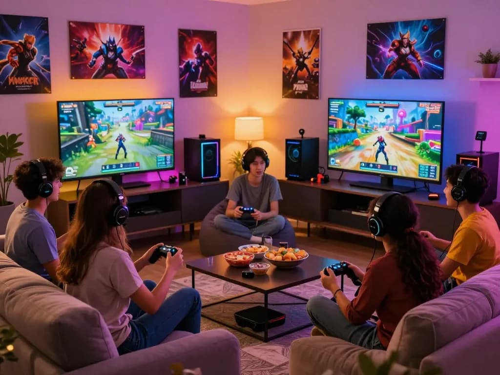 MAY88 chính thức vibrant gaming scene with friends engaged in multiplayer action, colorful LED lights, and snacks.