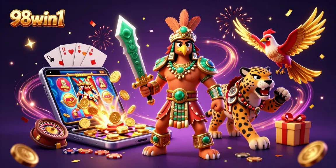 Spin to win at 98win1 with thrilling slot games, featuring vibrant characters in action.