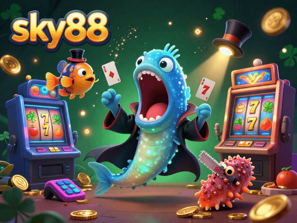 Experience thrilling card tricks in a vibrant sky88-themed casino illustration with lucky symbols.