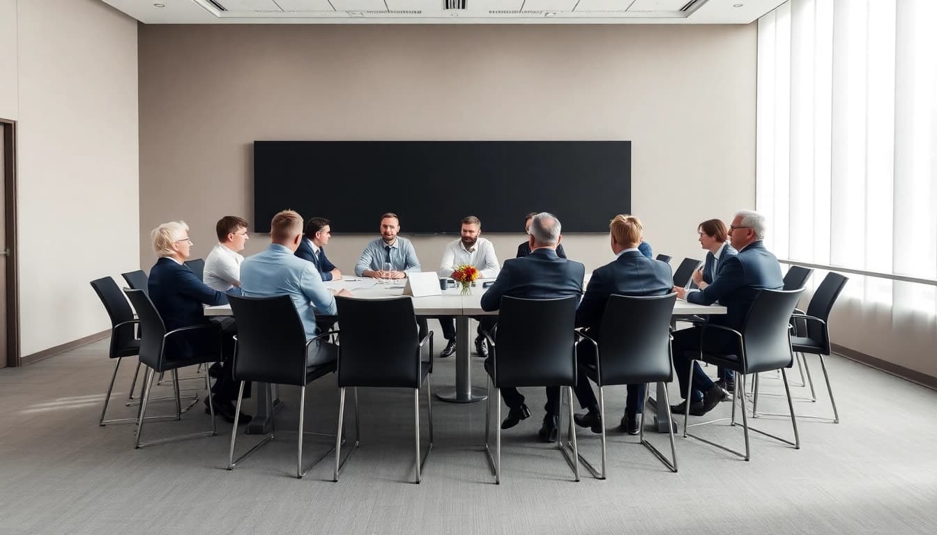 Fachleute besprechen Trennungsmanagement Unternehmen in einem modernen Meetingraum.