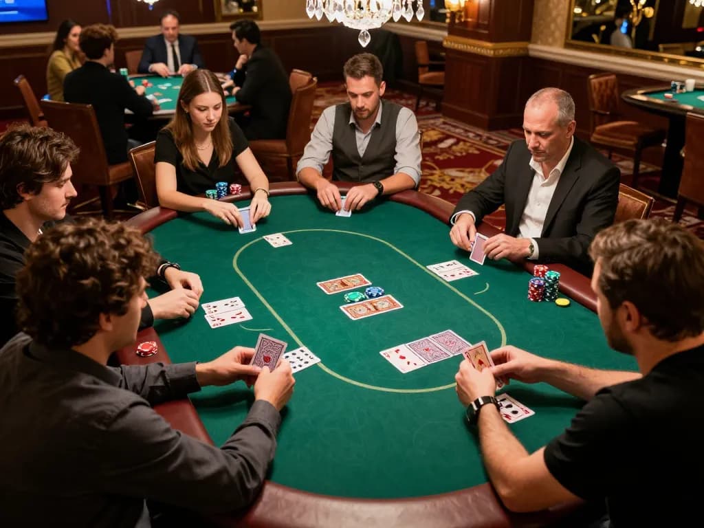 Players engaging in strategic poker gameplay at 33win, showcasing thrilling casino atmosphere and social interaction.