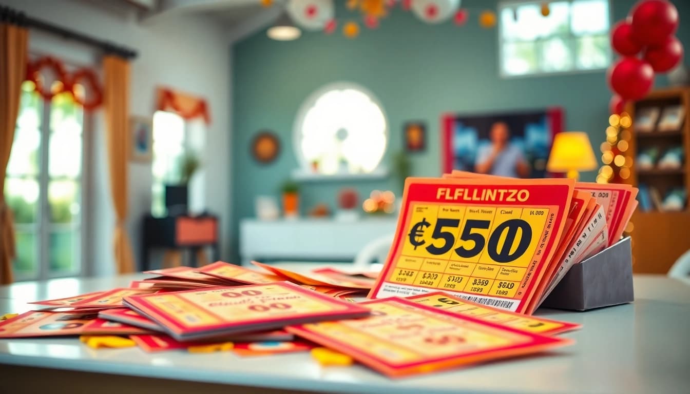 Premiumotto Lotterietickets auf einem Tisch, glänzende Oberflächen und lebendige Farben.
