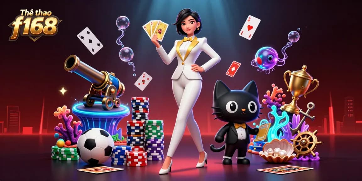 Engage with Thể thao f168 while sporting vibrant elements like trophies and stadiums in a thrilling casino scene.