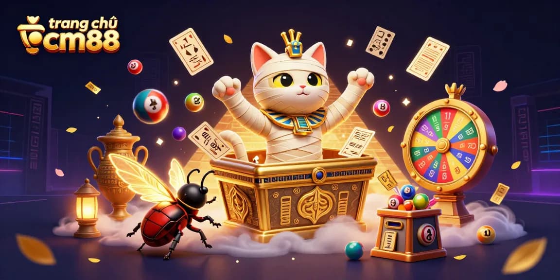 Experience excitement on trang chủ cm88 with a vibrant, bustling casino scene featuring a mummy cat and games.