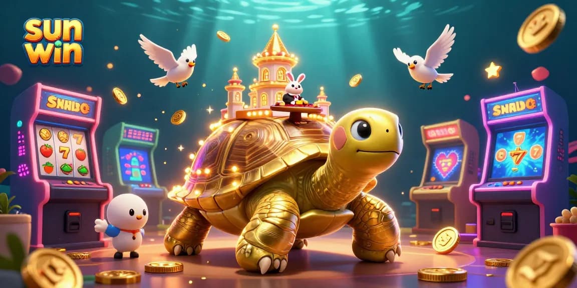 Play slots and win with sun win in an ultra-detailed casino scene featuring a golden tortoise.