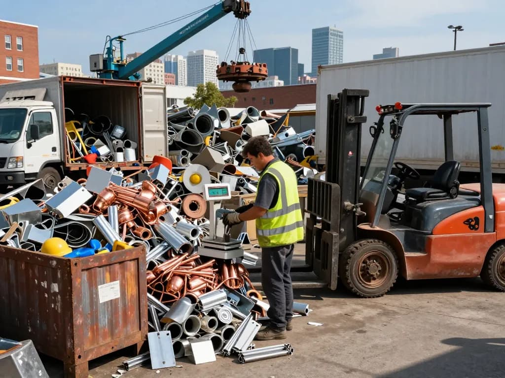 Schrotthändler wiegt Schrott in lebhaftem städtischen Schrottplatz
