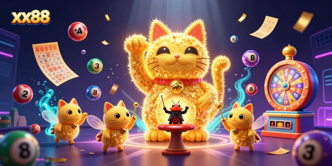 Engage with xx88's vibrant casino atmosphere through a dynamic golden lucky cat illustration.