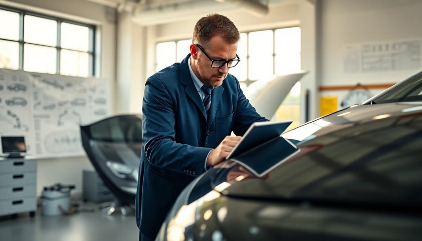 Kfz Sachverständiger Düsseldorf bei der Fahrzeugbewertung in einem modernen Büro mit technischen Geräten.