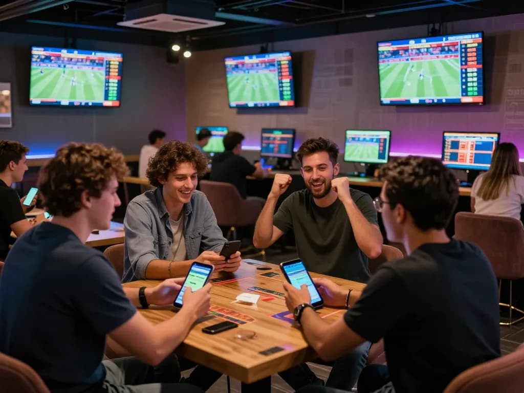 Cheering fans in a sports betting lounge embrace LINK VÀO F168 for thrilling wagers on live events